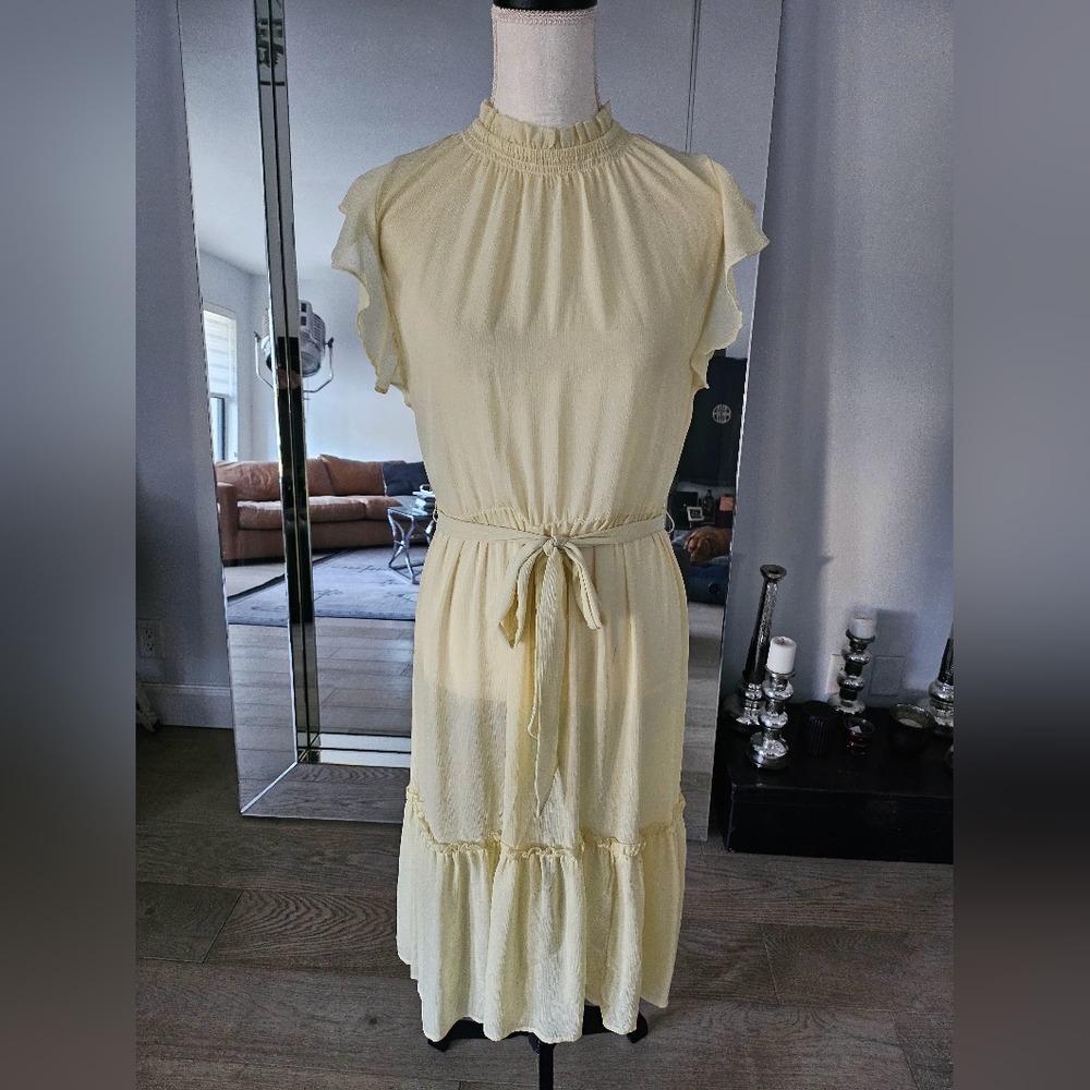 Ann Taylor Sheer Butter Pastel Yellow Dress Ruffle High Neck Dress Sz M
